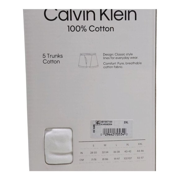 Calvin Klein Mens 5-Pack Classic Fit Cotton Trunks White 2XL XXL  $70 - Picture 4 of 6